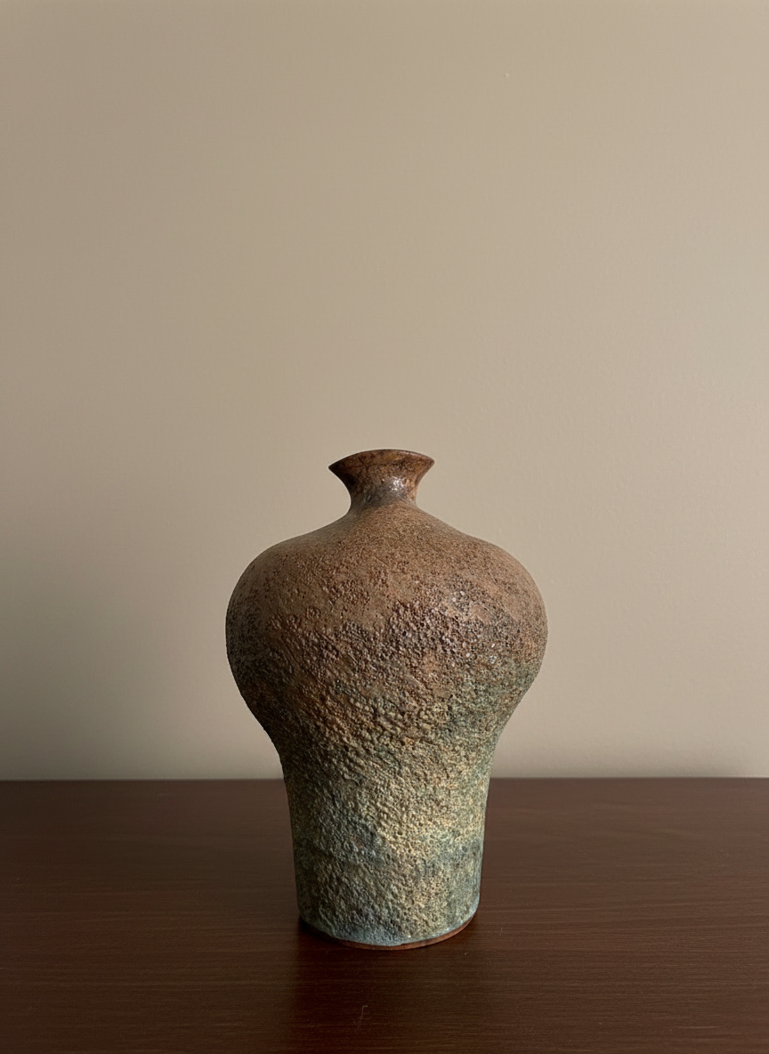 earthy coloured textured vase on a brown table against a wall
