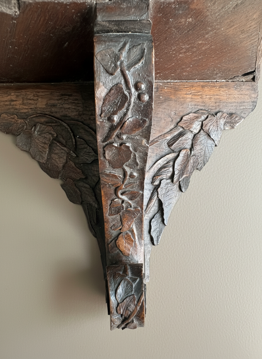 carved Black Forest wall bracket close up of underneath