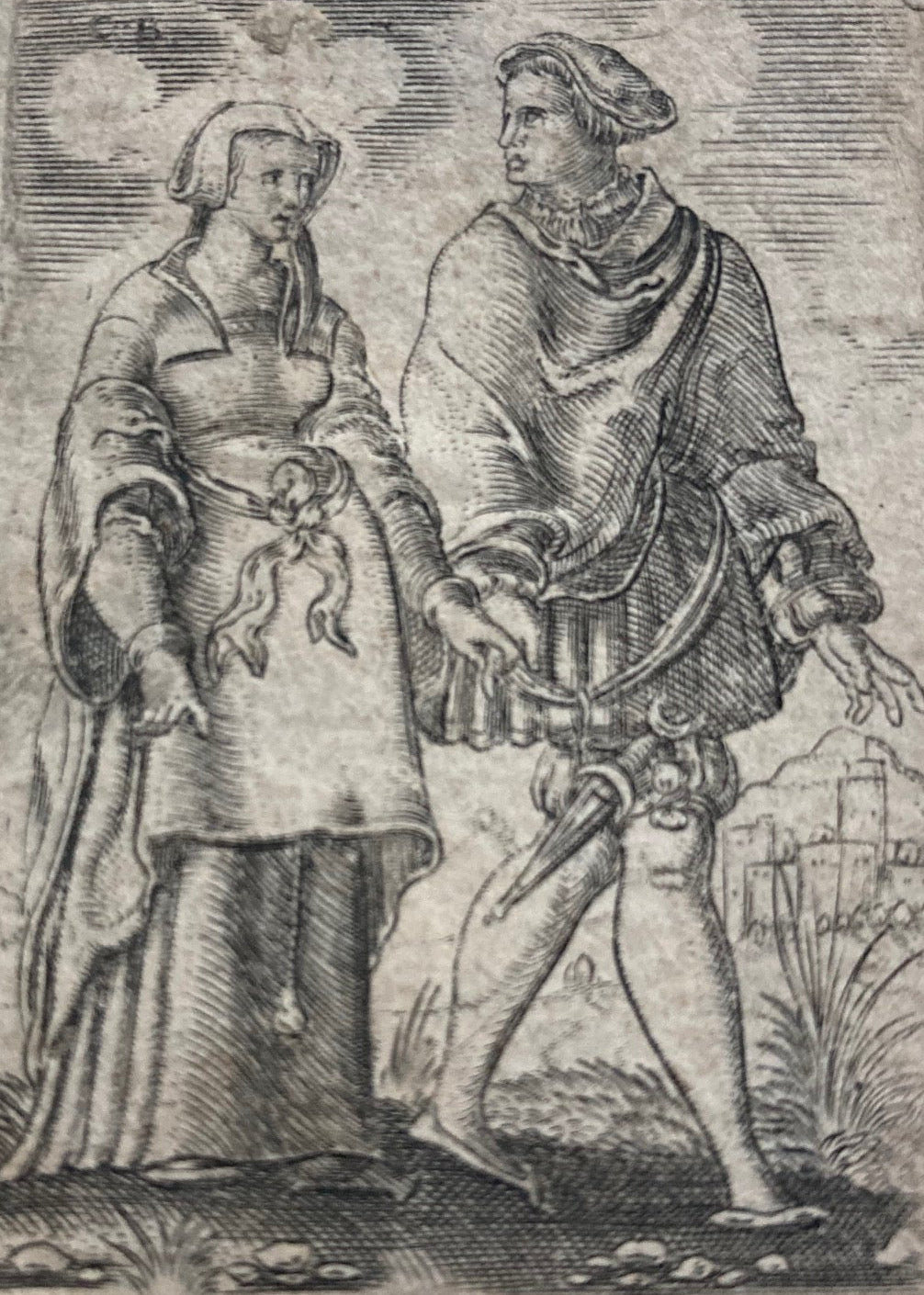 Engraving of a man and woman holding hands 