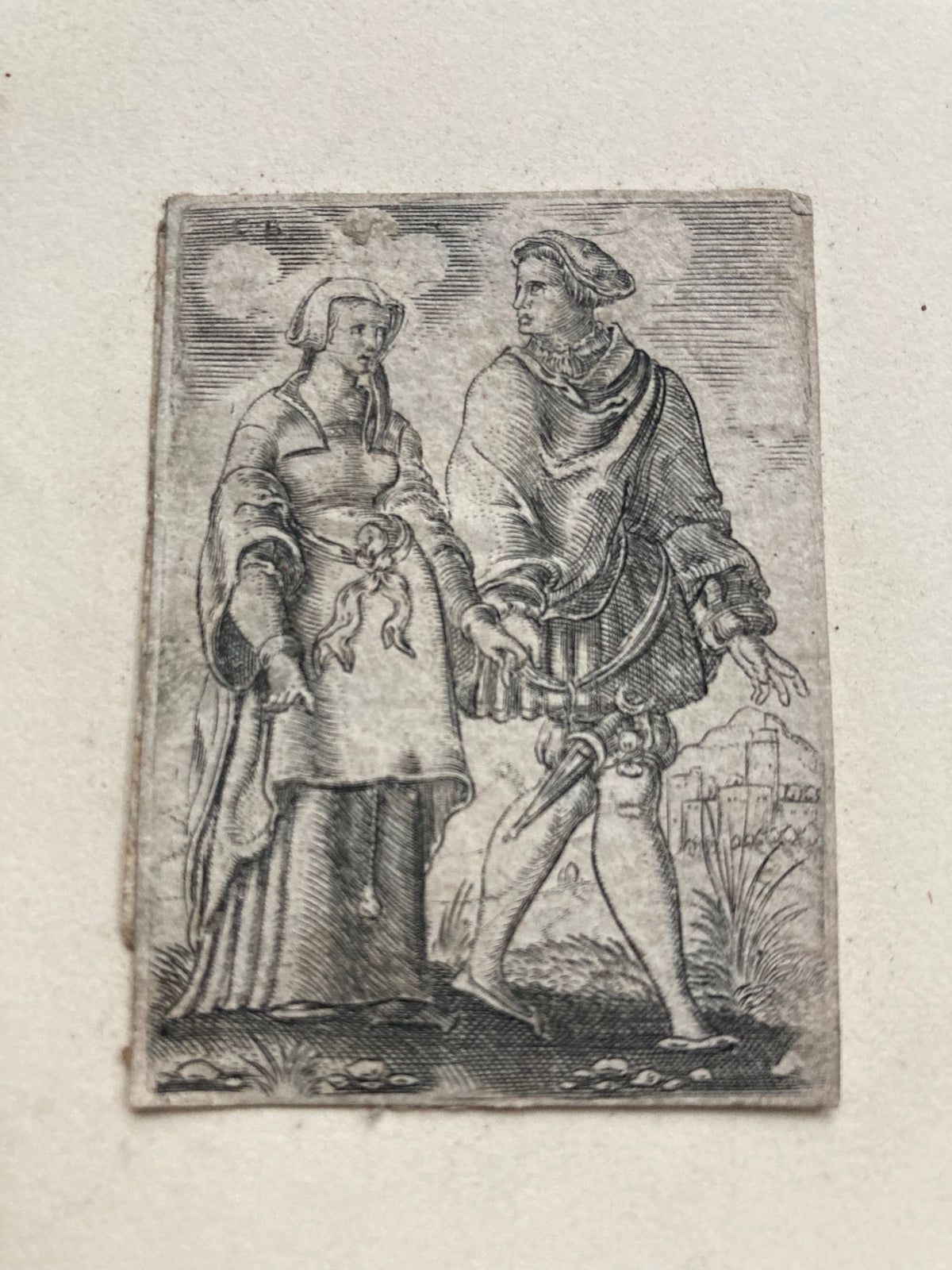 Black and white etching of two figures in a classical style by Cornelius Bos