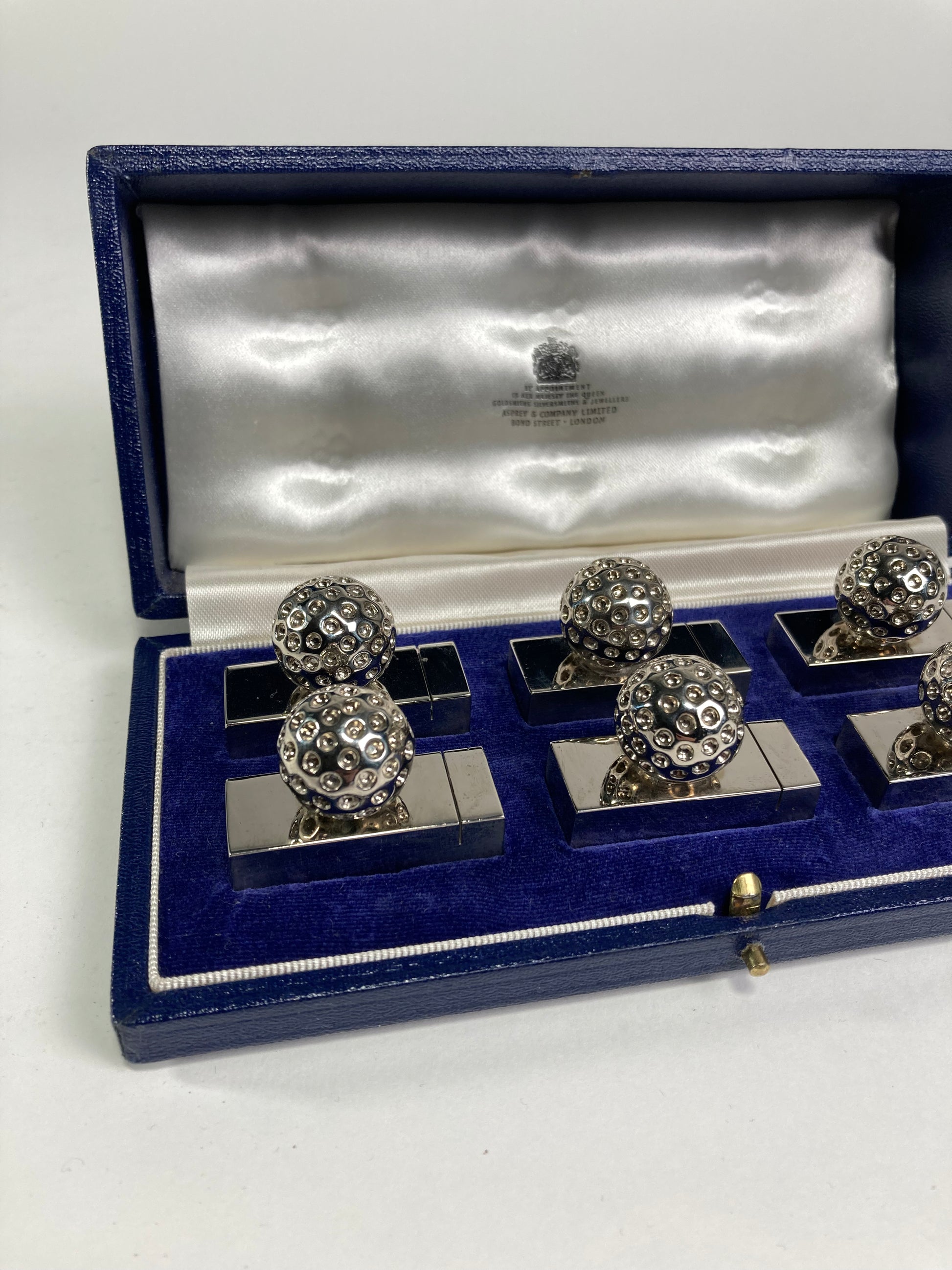 Asprey Set of Six Golf Ball Menu Holders