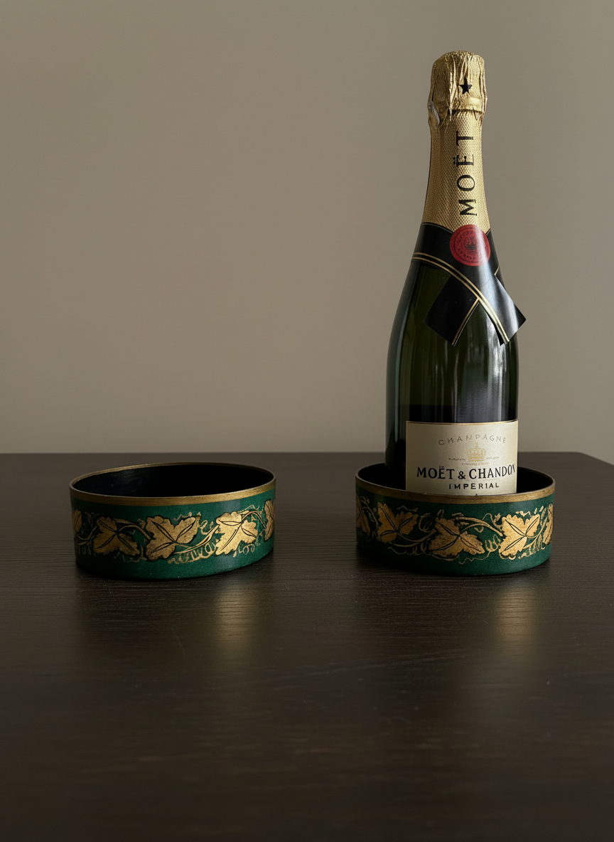 Toleware wine coasters  painted in green with gold leaves with champagne bottle on a dark wood table against a taupe wall