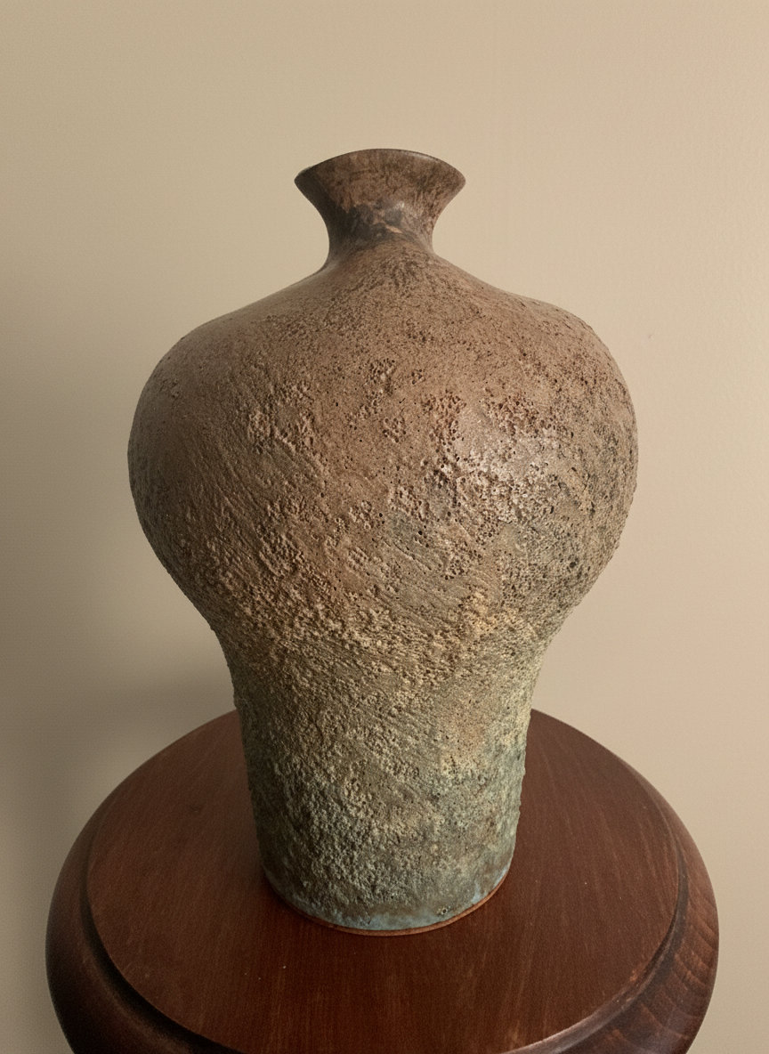 side view of a textured vase by chris carter against a taupe coloured wall