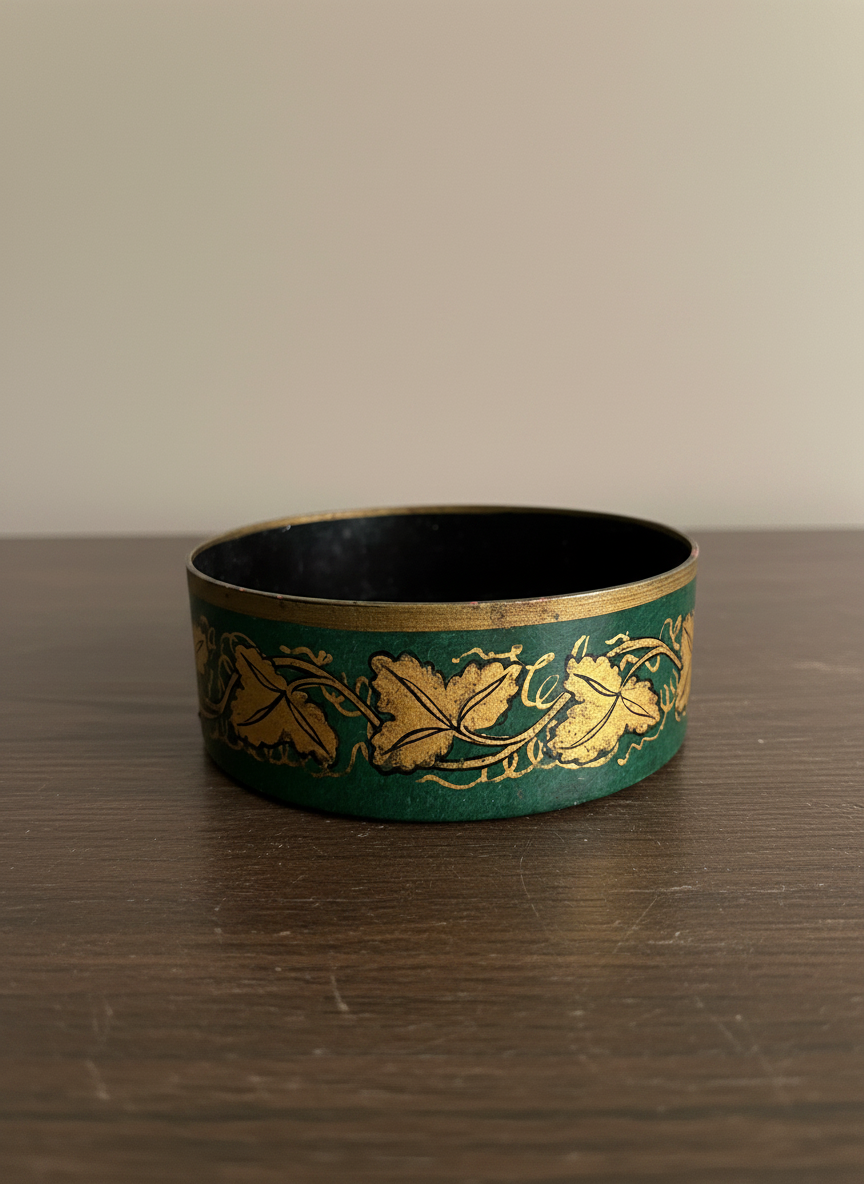 close up of a toleware wine coaster in green with gold leaves and rim