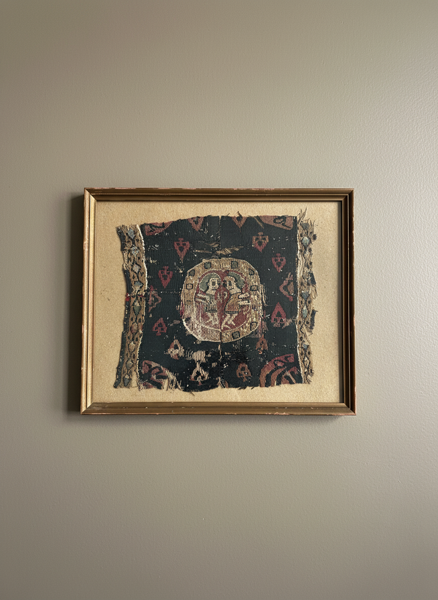 framed coptic textile against a taupe wall