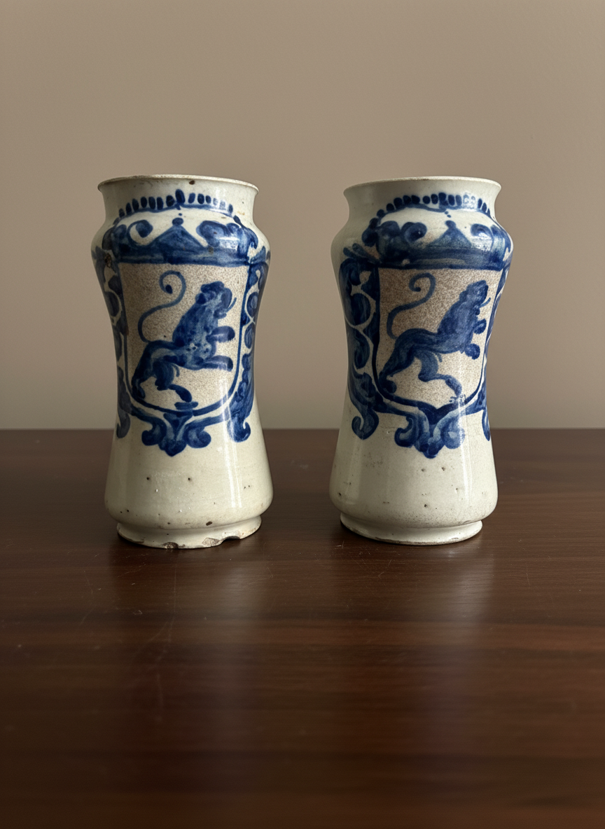 a pair of portugese maiolica vases in white and blue featuring a rampant lion on a shield placed on a wooden table against a taupe wall